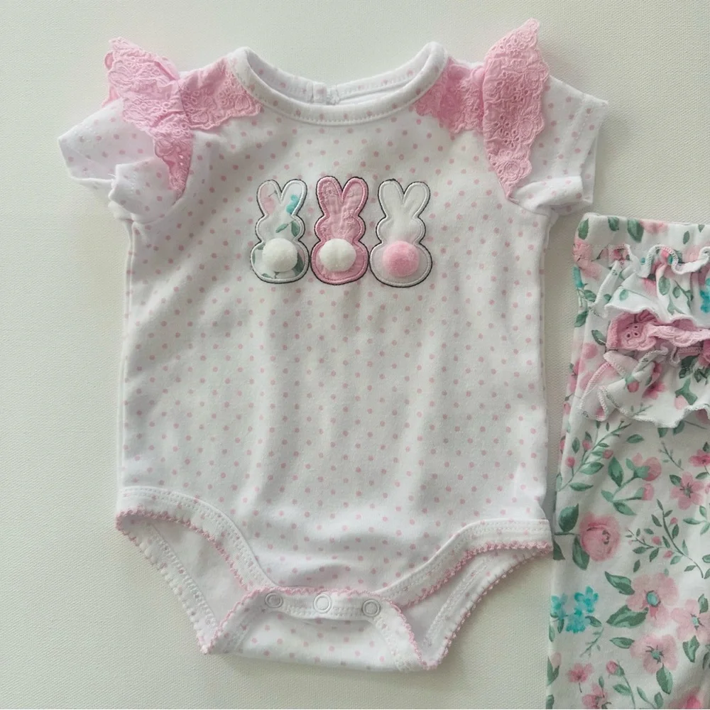 Baby Essentials 3 Months Girl Easter Bunny Tail Floral Bodysuit Pant Set Outfit - Picture 3 of 6